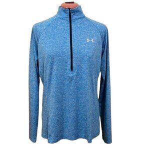 UNDER ARMOUR HEATGEAR Women's Heathered Blue 1/2 Zip Loose Long Sleeve Shirt LG